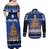 Personalised New Zealand July Christmas Couples Matching Off Shoulder Maxi Dress and Long Sleeve Button Shirt Maori Kiwi Xmas Tree - Blue