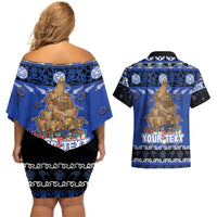 Personalised New Zealand July Christmas Couples Matching Off Shoulder Short Dress and Hawaiian Shirt Maori Kiwi Xmas Tree - Blue