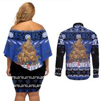 Personalised New Zealand July Christmas Couples Matching Off Shoulder Short Dress and Long Sleeve Button Shirt Maori Kiwi Xmas Tree - Blue LT05 - Polynesian Pride