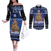 Personalised New Zealand July Christmas Couples Matching Off The Shoulder Long Sleeve Dress and Long Sleeve Button Shirt Maori Kiwi Xmas Tree - Blue