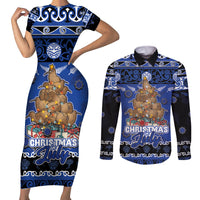 Personalised New Zealand July Christmas Couples Matching Short Sleeve Bodycon Dress and Long Sleeve Button Shirt Maori Kiwi Xmas Tree - Blue