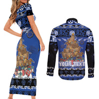 Personalised New Zealand July Christmas Couples Matching Short Sleeve Bodycon Dress and Long Sleeve Button Shirt Maori Kiwi Xmas Tree - Blue