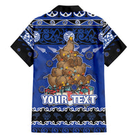 Personalised New Zealand July Christmas Family Matching Off Shoulder Short Dress and Hawaiian Shirt Maori Kiwi Xmas Tree - Blue