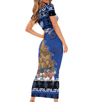 Personalised New Zealand July Christmas Family Matching Short Sleeve Bodycon Dress and Hawaiian Shirt Maori Kiwi Xmas Tree - Blue