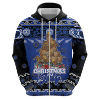 Personalised New Zealand July Christmas Zip Hoodie Maori Kiwi Xmas Tree - Blue