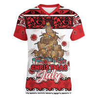 Personalised New Zealand July Christmas Women V-Neck T-Shirt Maori Kiwi Xmas Tree - White