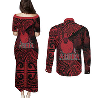 Hawaii King Kamehameha Couples Matching Puletasi and Long Sleeve Button Shirt With Hawaiian Ipu Motifs Red Version