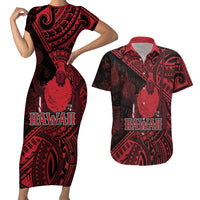 Hawaii King Kamehameha Couples Matching Short Sleeve Bodycon Dress and Hawaiian Shirt With Hawaiian Ipu Motifs Red Version