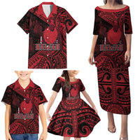Hawaii King Kamehameha Family Matching Puletasi and Hawaiian Shirt With Hawaiian Ipu Motifs Red Version