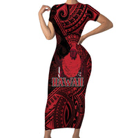 Hawaii King Kamehameha Short Sleeve Bodycon Dress With Hawaiian Ipu Motifs Red Version LT05 Long Dress Red - Polynesian Pride