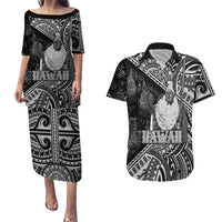 Hawaii King Kamehameha Couples Matching Puletasi and Hawaiian Shirt With Hawaiian Ipu Motifs Black Version LT05 Black - Polynesian Pride