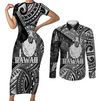 Hawaii King Kamehameha Couples Matching Short Sleeve Bodycon Dress and Long Sleeve Button Shirt With Hawaiian Ipu Motifs Black Version