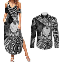 Hawaii King Kamehameha Couples Matching Summer Maxi Dress and Long Sleeve Button Shirt With Hawaiian Ipu Motifs Black Version LT05 Black - Polynesian Pride