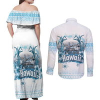Hawaii Sugar Plantation Couples Matching Off Shoulder Maxi Dress and Long Sleeve Button Shirt With Hawaiian Tapa Pattern