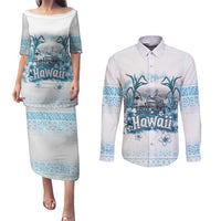 Hawaii Sugar Plantation Couples Matching Puletasi and Long Sleeve Button Shirt With Hawaiian Tapa Pattern