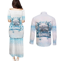 Hawaii Sugar Plantation Couples Matching Puletasi and Long Sleeve Button Shirt With Hawaiian Tapa Pattern