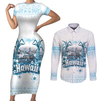 Hawaii Sugar Plantation Couples Matching Short Sleeve Bodycon Dress and Long Sleeve Button Shirt With Hawaiian Tapa Pattern