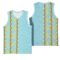 Hawaii Shell Tiare Anthurium Heliconia Lei Basketball Jersey With Tapa Pattern Baby Blue