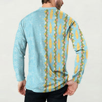 Hawaii Shell Tiare Anthurium Heliconia Lei Button Sweatshirt With Tapa Pattern Baby Blue