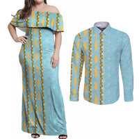 Hawaii Shell Tiare Anthurium Heliconia Lei Couples Matching Off Shoulder Maxi Dress and Long Sleeve Button Shirt With Tapa Pattern Baby Blue