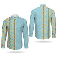 Hawaii Shell Tiare Anthurium Heliconia Lei Couples Matching Off Shoulder Short Dress and Long Sleeve Button Shirt With Tapa Pattern Baby Blue LT05 - Polynesian Pride