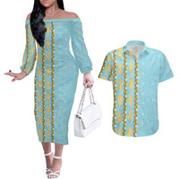 Hawaii Shell Tiare Anthurium Heliconia Lei Couples Matching Off The Shoulder Long Sleeve Dress and Hawaiian Shirt With Tapa Pattern Baby Blue