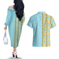 Hawaii Shell Tiare Anthurium Heliconia Lei Couples Matching Off The Shoulder Long Sleeve Dress and Hawaiian Shirt With Tapa Pattern Baby Blue