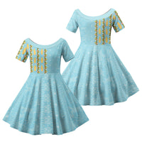 Hawaii Shell Tiare Anthurium Heliconia Lei Family Matching Mermaid Dress and Hawaiian Shirt With Tapa Pattern Baby Blue LT05 Daughter's Dress Blue - Polynesian Pride
