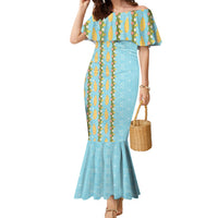 Hawaii Shell Tiare Anthurium Heliconia Lei Family Matching Mermaid Dress and Hawaiian Shirt With Tapa Pattern Baby Blue