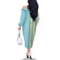 Hawaii Shell Tiare Anthurium Heliconia Lei Family Matching Off The Shoulder Long Sleeve Dress and Hawaiian Shirt With Tapa Pattern Baby Blue