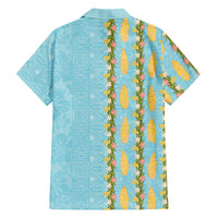 Hawaii Shell Tiare Anthurium Heliconia Lei Family Matching Off Shoulder Maxi Dress and Hawaiian Shirt With Tapa Pattern Baby Blue