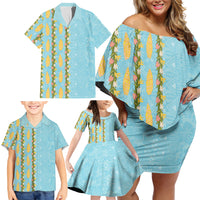 Hawaii Shell Tiare Anthurium Heliconia Lei Family Matching Off Shoulder Short Dress and Hawaiian Shirt With Tapa Pattern Baby Blue