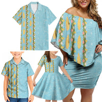 Hawaii Shell Tiare Anthurium Heliconia Lei Family Matching Off Shoulder Short Dress and Hawaiian Shirt With Tapa Pattern Baby Blue LT05 - Polynesian Pride
