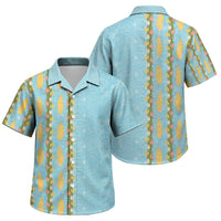Hawaii Shell Tiare Anthurium Heliconia Lei Family Matching Off Shoulder Short Dress and Hawaiian Shirt With Tapa Pattern Baby Blue LT05 Son's Shirt Blue - Polynesian Pride