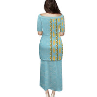 Hawaii Shell Tiare Anthurium Heliconia Lei Family Matching Puletasi and Hawaiian Shirt With Tapa Pattern Baby Blue