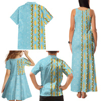 Hawaii Shell Tiare Anthurium Heliconia Lei Family Matching Tank Maxi Dress and Hawaiian Shirt With Tapa Pattern Baby Blue LT05 Mom's Dress Blue - Polynesian Pride