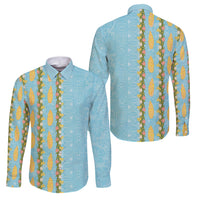 Hawaii Shell Tiare Anthurium Heliconia Lei Family Matching Tank Maxi Dress and Hawaiian Shirt With Tapa Pattern Baby Blue LT05 Dad's Shirt - Long Sleeve Blue - Polynesian Pride