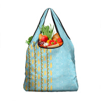 Hawaii Shell Tiare Anthurium Heliconia Lei Grocery Bag With Tapa Pattern Baby Blue
