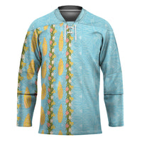 Hawaii Shell Tiare Anthurium Heliconia Lei Hockey Jersey With Tapa Pattern Baby Blue
