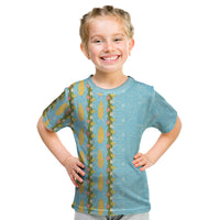 Hawaii Shell Tiare Anthurium Heliconia Lei Kid T Shirt With Tapa Pattern Baby Blue