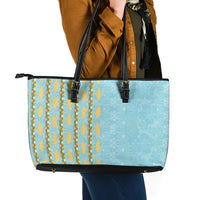 Hawaii Shell Tiare Anthurium Heliconia Lei Leather Tote Bag With Tapa Pattern Baby Blue