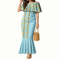 Hawaii Shell Tiare Anthurium Heliconia Lei Mermaid Dress With Tapa Pattern Baby Blue LT05 Women Blue - Polynesian Pride