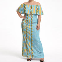 Hawaii Shell Tiare Anthurium Heliconia Lei Off Shoulder Maxi Dress With Tapa Pattern Baby Blue LT05 Women Blue - Polynesian Pride