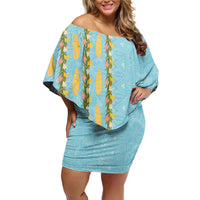 Hawaii Shell Tiare Anthurium Heliconia Lei Off Shoulder Short Dress With Tapa Pattern Baby Blue