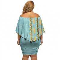 Hawaii Shell Tiare Anthurium Heliconia Lei Off Shoulder Short Dress With Tapa Pattern Baby Blue LT05 - Polynesian Pride