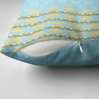 Hawaii Shell Tiare Anthurium Heliconia Lei Pillow Cover With Tapa Pattern Baby Blue