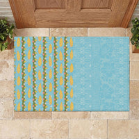 Hawaii Shell Tiare Anthurium Heliconia Lei Rubber Doormat With Tapa Pattern Baby Blue