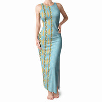 Hawaii Shell Tiare Anthurium Heliconia Lei Tank Maxi Dress With Tapa Pattern Baby Blue LT05 Women Blue - Polynesian Pride