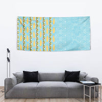 Hawaii Shell Tiare Anthurium Heliconia Lei Tapestry With Tapa Pattern Baby Blue