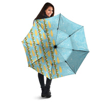 Hawaii Shell Tiare Anthurium Heliconia Lei Umbrella With Tapa Pattern Baby Blue